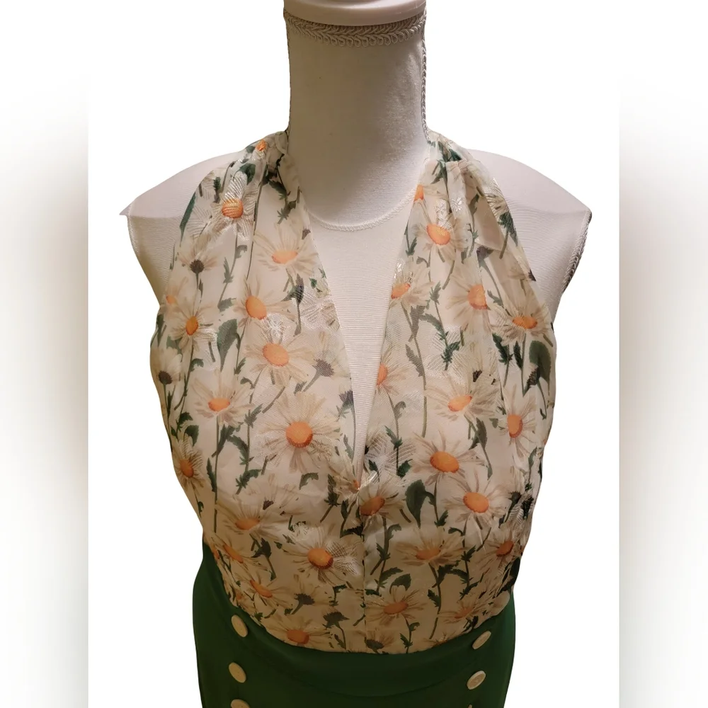 60s/70s Vintage Inspired Retro Stage Size 2XL Green Floral Halter Midi Dress - Picture 3 of 10
